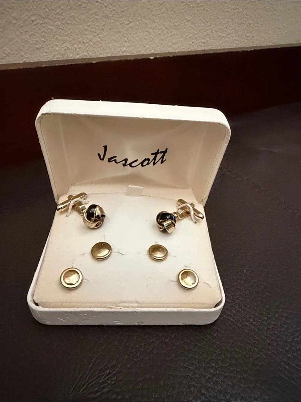 Vintage Cuff Links & Shirt Stud Set Features Gold-Tone & Black Knot Design